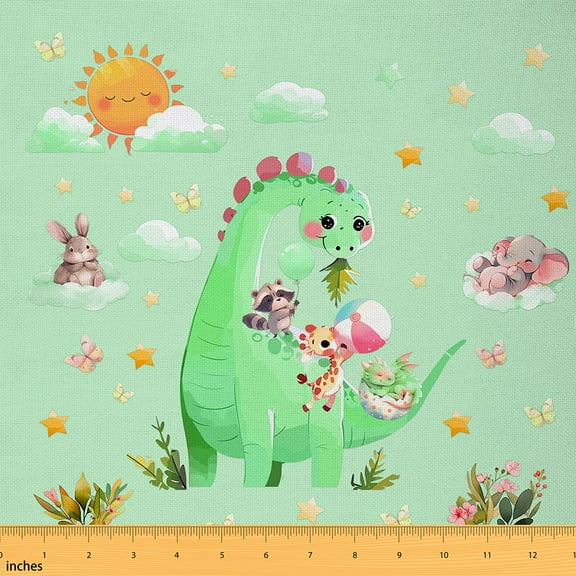 Homewish Green Dinsaur Fabric by the Yard 3 Yard,Cartoon Rabbit Raccoon Sewing Fabric,Rustic Flower Butterflies Room Decor Fabric by the Yard For Boys,Super Cozy Room Decor