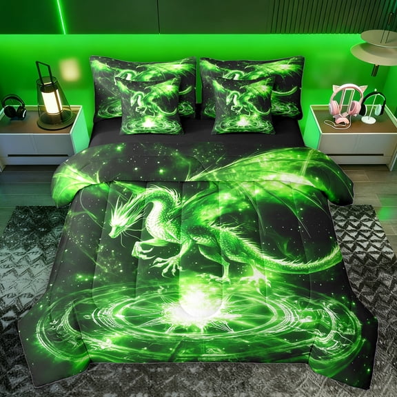 Homewish Green Dragon 7 Pieces Bedding Comforter Set,Magic Animal Full Bedding Set,Starry Night Fitted Sheet Flat Sheet For Boys Teens,Luxury Bedroom Decor Reversible
