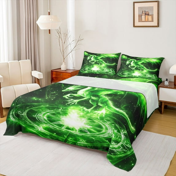 Homewish Green Dragon Bed Sheets,Magic Animal King Sheets,Starry Night Sheet Set For Boys Teens,Luxury Bedroom Decor,4 Pieces