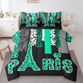 thumbnail image 1 of Homewish Green Eiffel Tower Bedding Comforter Set 7-Piece, Romantic Valentines Day King Bedding Sets, Chic Leopard Zabra Print Reversible Bed Sheets, Luxury Bedroom Decor, 1 of 7