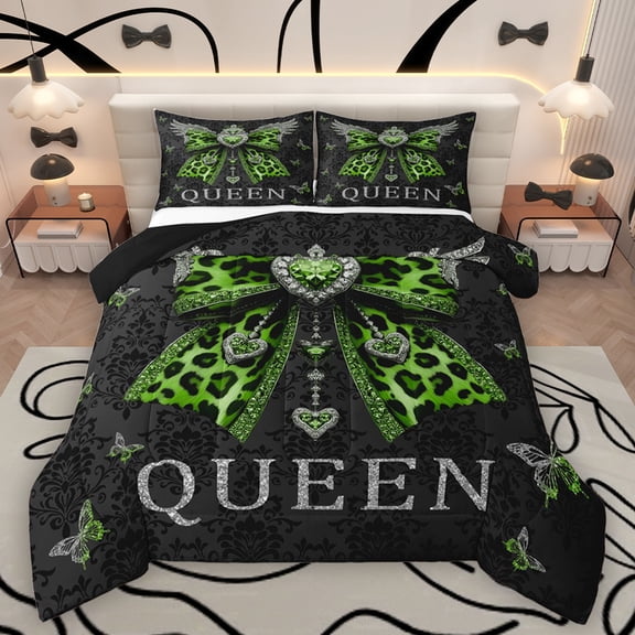 Homewish Green Fashion Bowknot Bedding Comforter Set for Kids, Hippie Bohemian Damask Twin Comforter Sets, Vintage Style Reversible Bedding Set, Luxury Bedroom Decor, 2pcs