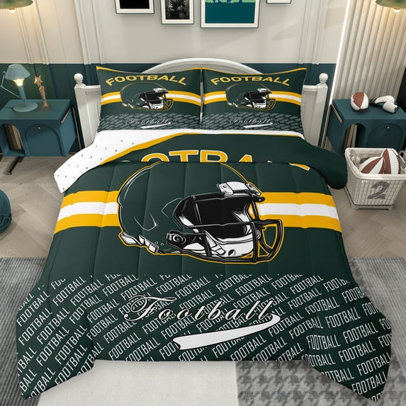 Homewish Green Football Helemt Queen Comforter Set,Boys Ball Game Bedding Sets,Rugby Sport Theme Bedding Comforter Set For Kids,Super Cozy Room Decor Reversible,3pcs