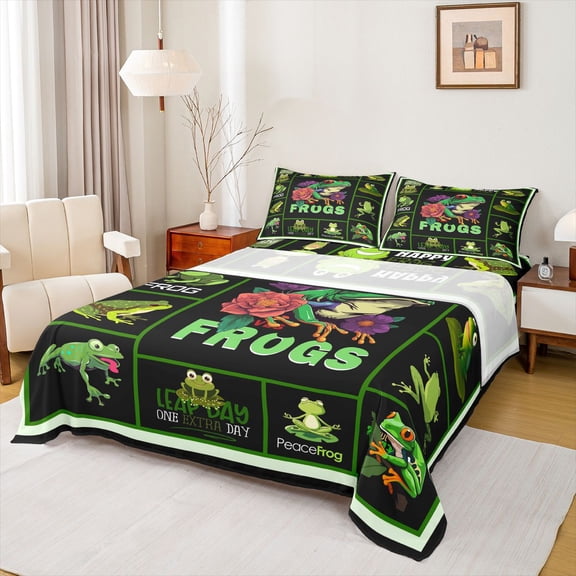 Homewish Green Frog 3pcs Twin Sheet Sets for Boys Girls,Cartoon Animal Twin Fitted Sheet,Flower Wildlife Breathable Flat Sheet,Lightweight Room Decor