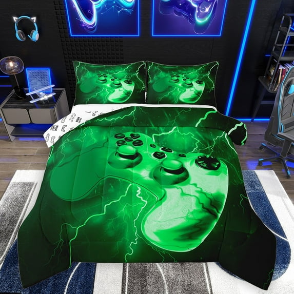 Homewish Green Gamepads Bedding Comforter Set 2pcs for Kids Children Boys,Abstract Lightning Twin Comforter Sets Microfiber,Video Game Breathable Bedding Set,Super Cozy Room Decor,Reversible