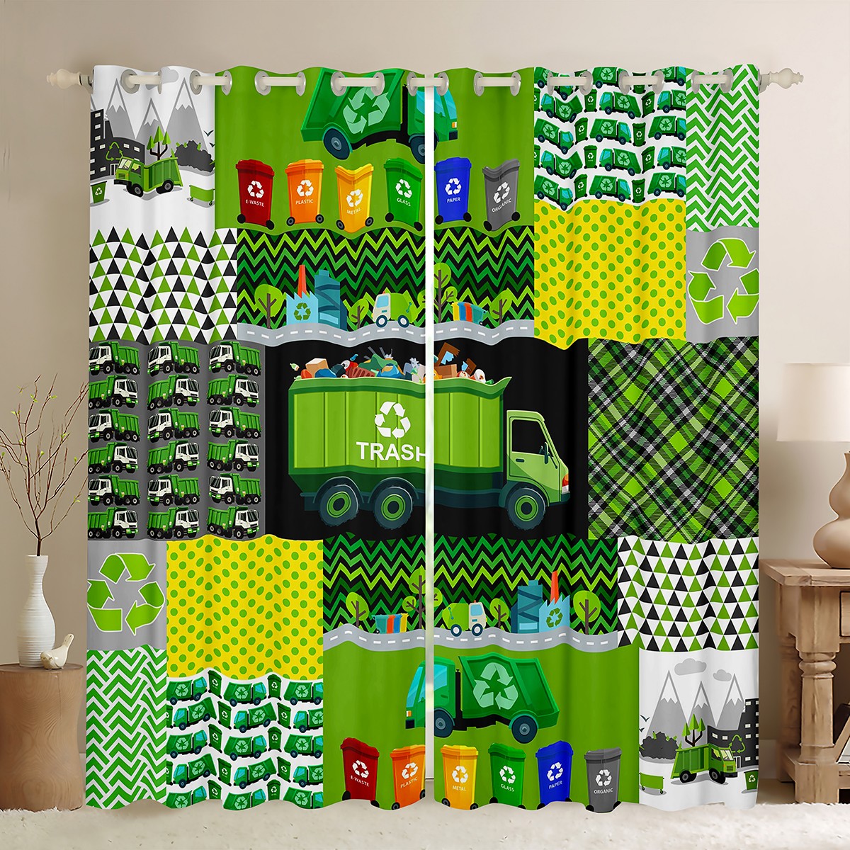 Homewish Green Garbage Truck Blackout Curtains Set of 2 (52x84 Each ...