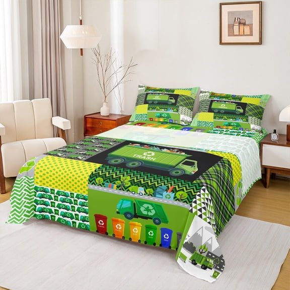 Homewish Green Garbage Truck Twin Sheet Sets for Kids, Cartoon Trash Car Twin Fitted Sheet, Management Recycling Flat Sheet, Luxury Bedroom Decor, 3-Piece