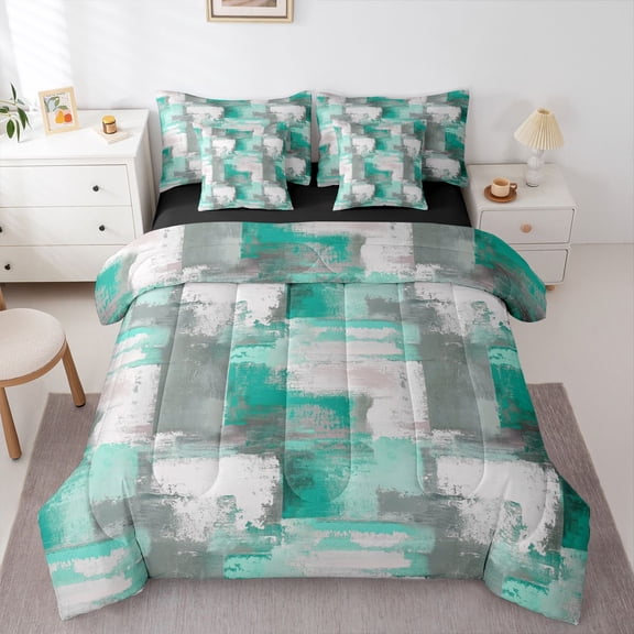 Homewish Green Geometric Grid 7-Piece Twin Bedding,Abstract Art Bedding Comforter Set,Black Reversible
