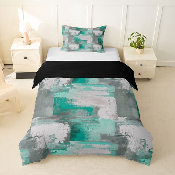 Homewish Green Geometric Grid Twin Duvet Cover,Abstract Art Twin Bedding,Black Reversible,2-Piece,1 Duvet Cover and 1 Pillowcase