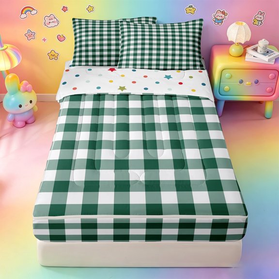 Homewish Green Geometric Plaid Zipper Twin Comforter Sets with Fitted Sheet and 2 Pillowcases,White Checkered Farmhouse Zipper Bedding Set For Girls,Polkadot Reversible,4-Piece