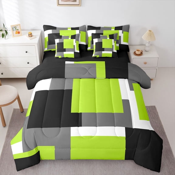 Homewish Green Geometric Square 7-Piece Twin Bedding,Modern Abstract Bedding Comforter Set,Black Reversible