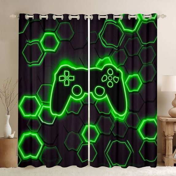 Homewish Green Glowing Hexagon Kitchen Curtains,Neon Gaming Controller Black Out Curtains Pack of 2 (42x63 Each)