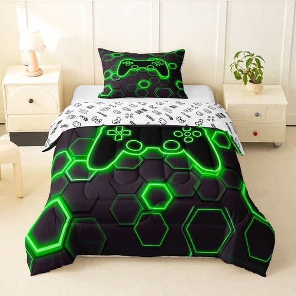 Homewish Green Glowing Hexagon Twin Comforter Sets,Neon Gaming Controller Bedding Set,Gamepad Reversible,2pcs,1 Comforter and 1 Pillowcase