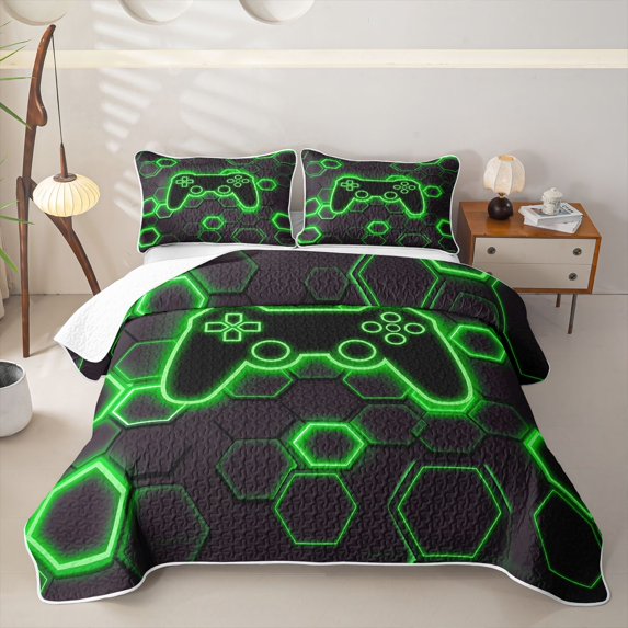 Homewish Green Glowing Hexagon Twin Quilt Set,Neon Gaming Controller Twin Coverlet Set,2pcs