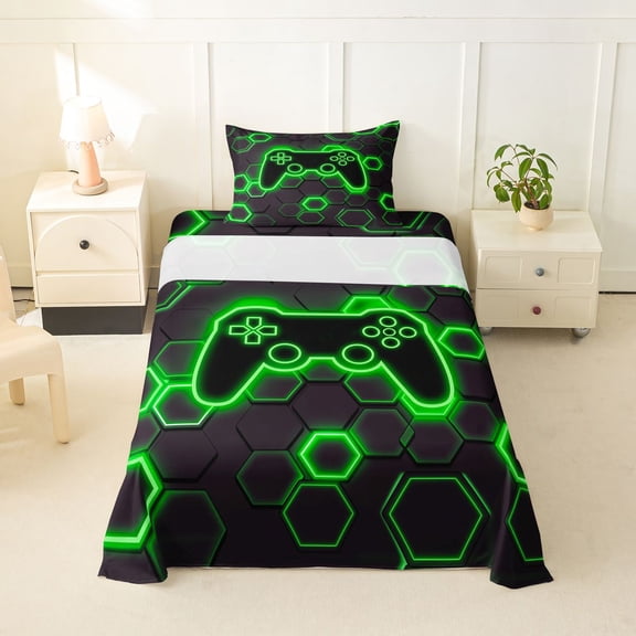 Homewish Green Glowing Hexagon Twin Sheets,Neon Gaming Controller Bedding,3pcs,1 Fitted Sheet and 1 Pillowcase