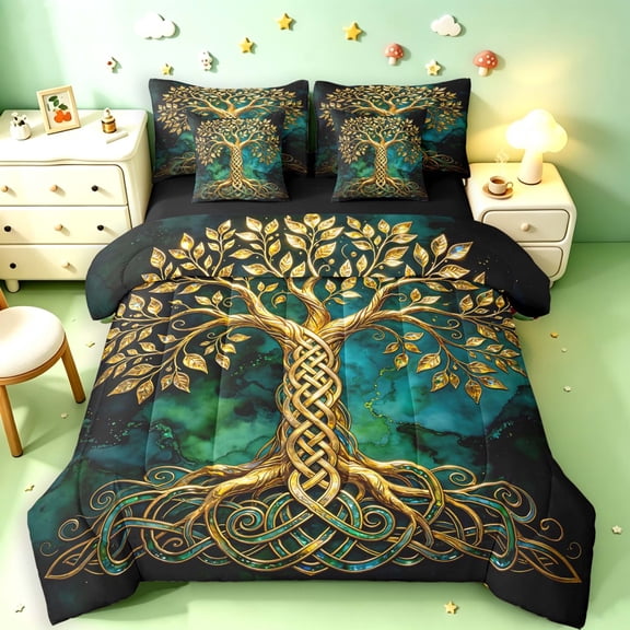 Homewish Green Gold Tree Of Life 7 Pieces Full Size Bedding Sets,Botanical Design Full Size Bed in a Bag,Black Reversible