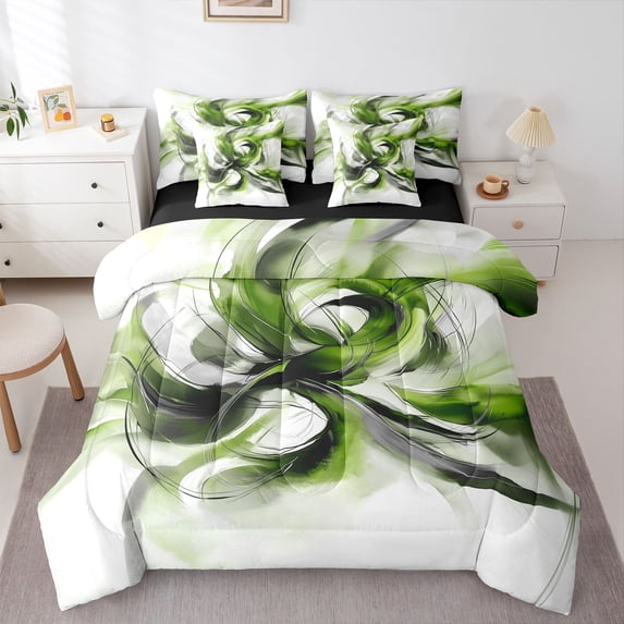 Homewish Green Gradient Geometric 7pcs Queen Bedding,Abstract Artwork Bedding Comforter Set Queen,Black Reversible
