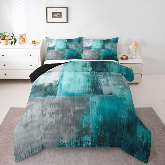 Homewish Green Gradient Geometric Full Size Comforter Sets,Classic Abstract Artwork Bedding Comforter Set,Black Reversible,3-Piece,1 Comforter and 2 Pillowcases