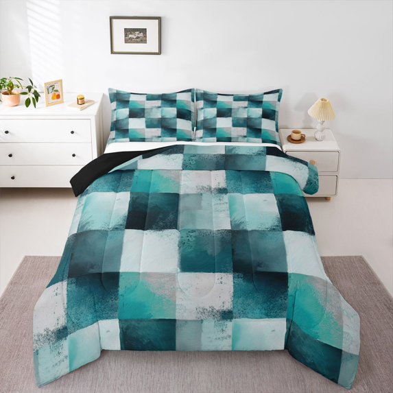 Homewish Green Gradient Grid Queen Comforter Set,Classic Contemporary Comforter Sets Queen,Black Reversible,3pcs,1 Comforter and 2 Pillowcases
