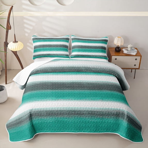 Homewish Green Horizontal Lines Quilt Full,Modern Artwork Full Bedspread Sets,3-Piece