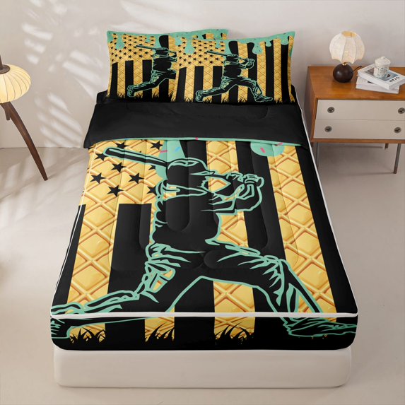 Homewish Green Ice Cream Drip Zipper Full Size Comforter Sets with Fitted Sheet and 2 Pillowcases,Baseball Sport Lover Zipper Bedding Set For Kids Boys,Black Reversible,4-Piece