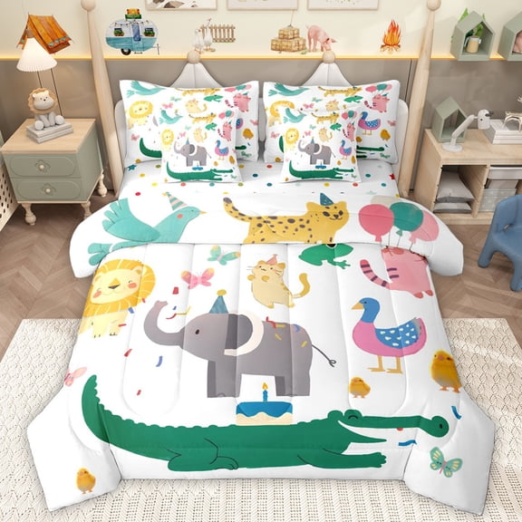 Homewish Green Kawaii Crocodile Bedding Comforter Set for Kids, Lion Duck Elephant King Bedding Sets, Kawaii Animal Reversible Bed Sheets, Breathable Home Decor