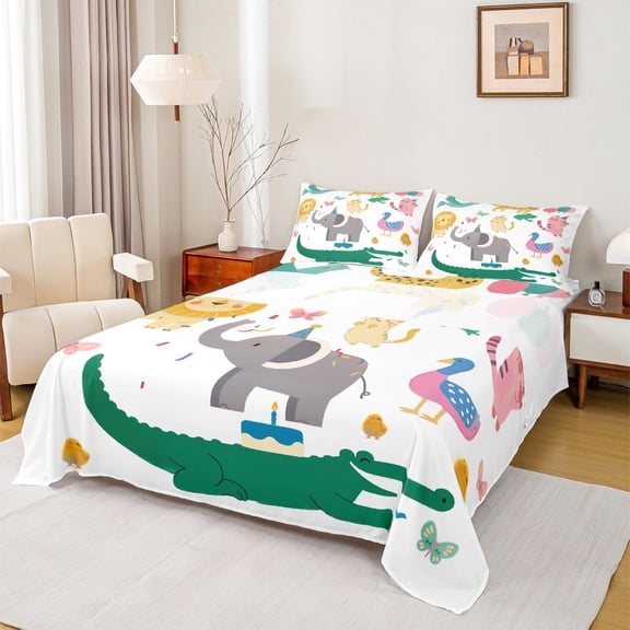 Homewish Green Kawaii Crocodile Twin Sheet Sets for Kids, Lion Duck Elephant Twin Fitted Sheet, Kawaii Animal Flat Sheet, Breathable Home Decor, 3pcs