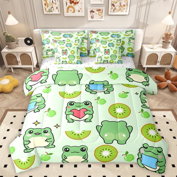 Homewish Green Kiwifruit Print 7-Piece Bedding Comforter Set,Kawaii Frog King Bedding Sets,Cute Cartoon Animal Bed Sheets For Boys Kids,Microfiber Bedroom Decor