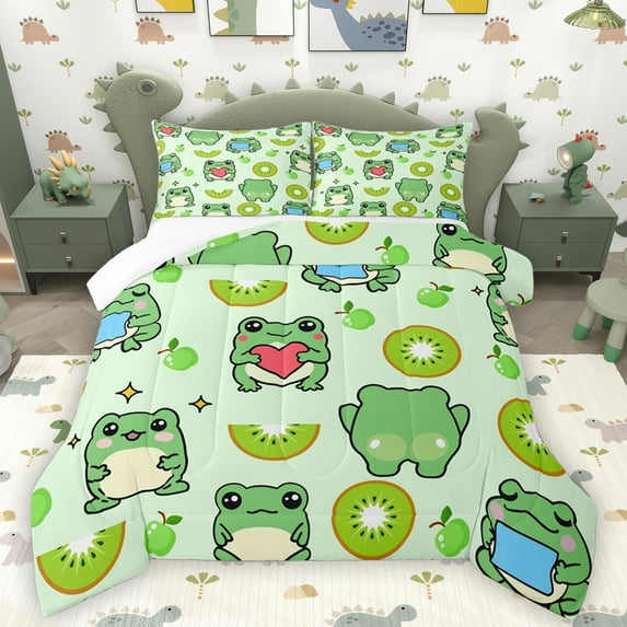 Homewish Green Kiwifruit Print Full Size Comforter Sets,Kawaii Frog Bedding Comforter Set,Cute Cartoon Animal Bedding Sets For Boys Kids,Microfiber Bedroom Decor,3 Pieces