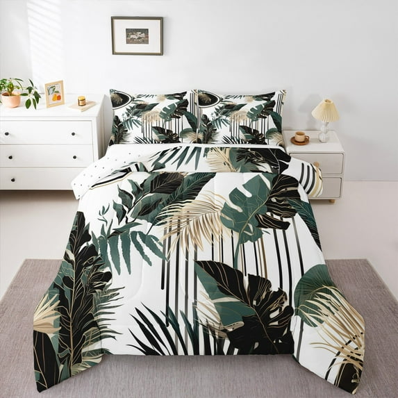 Homewish Green Leaves 3-Piece Full Size Comforter Sets For Kids Teens Adults,Botanical Plants Bedding Comforter Set,Black Green Lightweight Bedding Sets,Ultra Soft Home Decor,Reversible