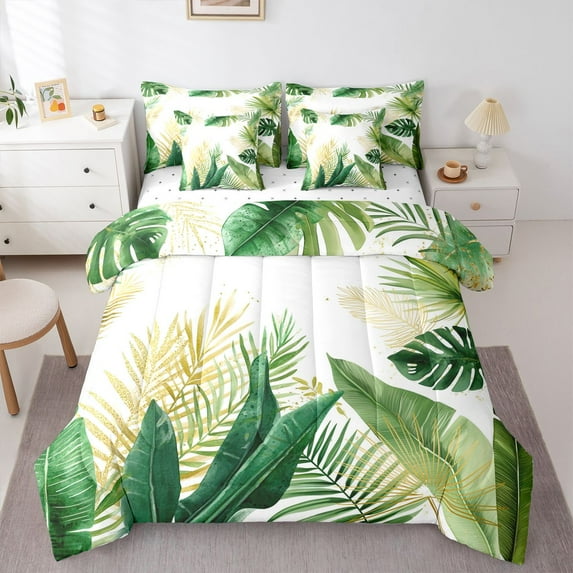 Homewish Green Leaves 7 Pieces Bedding Comforter Set for Teens Boys Girls,Botanical Plants Full Bedding Set Lightweight,Tropical Leaves Fitted Sheet Flat Sheet,Super Cozy Room Decor,Reversible
