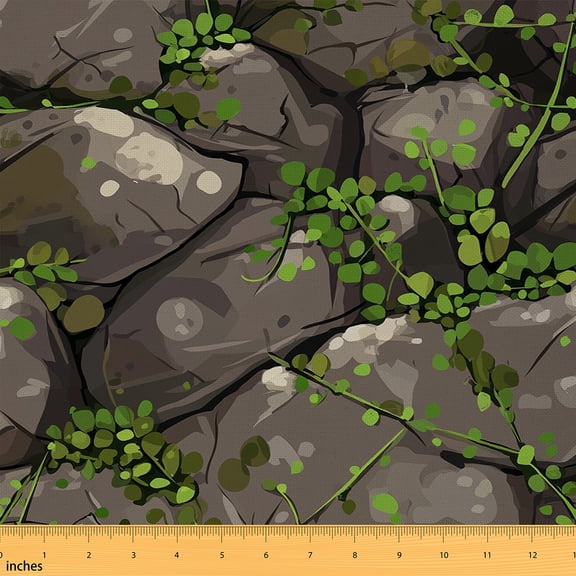 Homewish Green Leaves Fabric by the Yard 1 Yard,Brown Stone Home Decor Fabric by the Yard,Natural Landscape Sewing Fabric For Men Women,Ultra Soft Home Decor