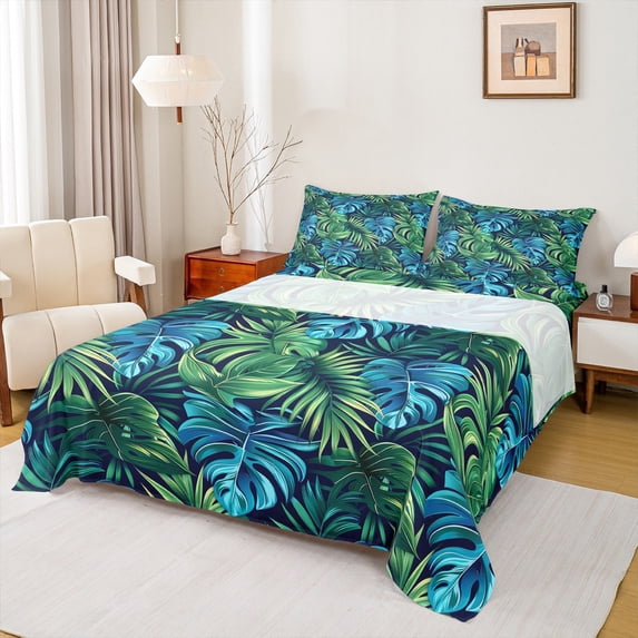 Homewish Green Leaves Twin Sheet Sets 3pcs for Boys Girls,Tropical Botanical Plants Twin Fitted Sheet Microfiber,Vintage Aesthetic Breathable Flat Sheet,Luxury Bedroom Decor