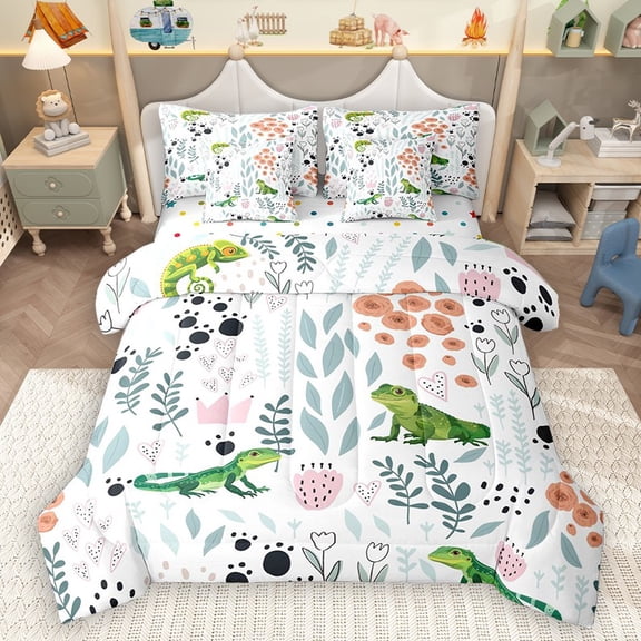 Homewish Green Lizard 7-Piece Twin Bedding Sets for Teens Boys Girls,Flower Animal Bedding Comforter Set,Dreamy Princess Breathable Sheet Sets,Ultra Soft Home Decor,Reversible