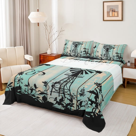 Homewish Green Lodge Cabin Twin Sheet Sets, Rustic Lake House Twin Fitted Sheet, Jungle Flower Botanical Flat Sheet, Super Cozy Room Decor, 3 Pieces