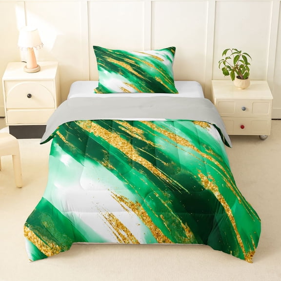 Homewish Green Marbling Twin Comforter Sets,Gold Metallic Print Bedding Set,Light Gray Reversible,2-Piece,1 Comforter and 1 Pillowcase