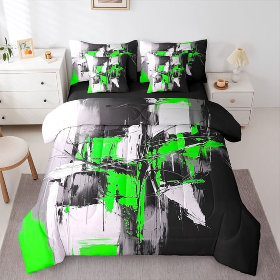 Homewish Green Modern Abstract 7-Piece Twin Bedding,Aesthetic Artwork Bedding Comforter Set,Black Reversible