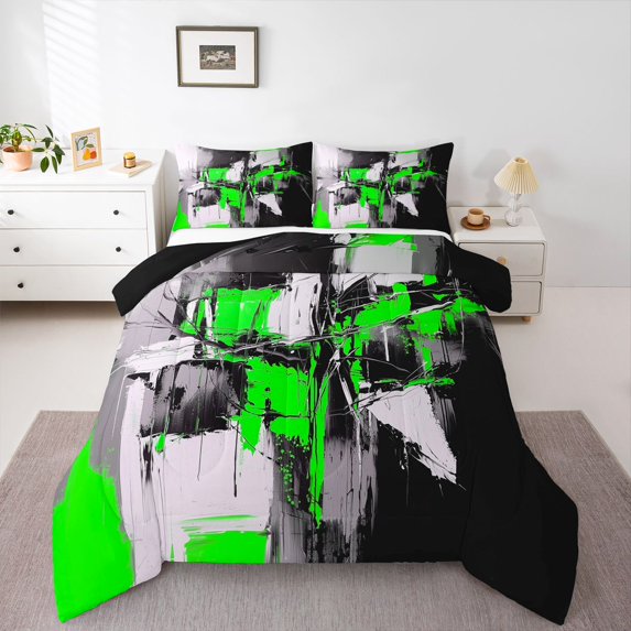 Homewish Green Modern Abstract Queen Comforter Set,Aesthetic Artwork Comforter Sets Queen,Black Reversible,3 Pieces,1 Comforter and 2 Pillowcases