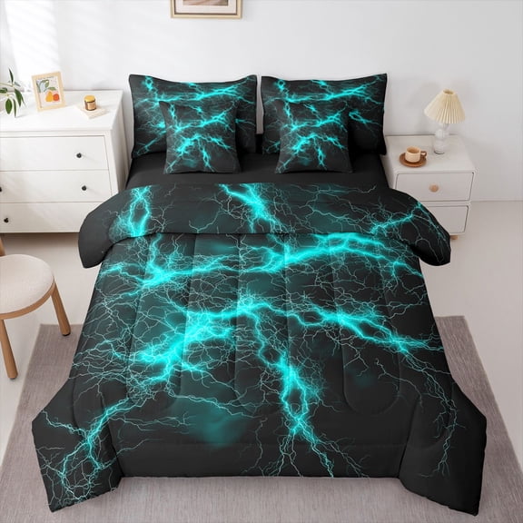 Homewish Green Neon Lightning 7pcs Queen Bedding,Modern Abstract Bedding Comforter Set Queen,Black Reversible