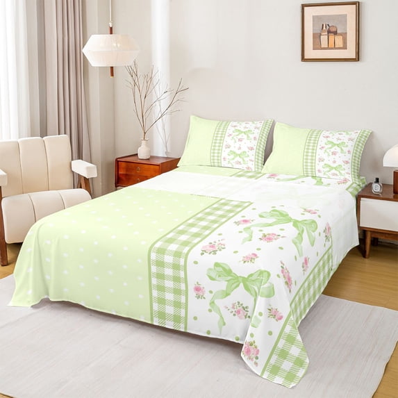 Homewish Green Princess Bow-tie Bed Sheets for Kid, Romantic Rose Flwoer King Sheets, Chic Checkered Buffalo Sheet Set, Luxury Bedroom Decor, 4 Pieces