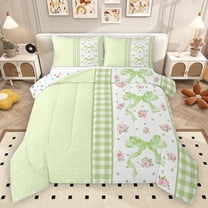 Homewish Green Princess Bow-tie Bedding Comforter Set for Kid, Romantic Rose Flwoer Twin Comforter Sets, Chic Checkered Buffalo Reversible Bedding Set, Luxury Bedroom Decor, 2 Pieces