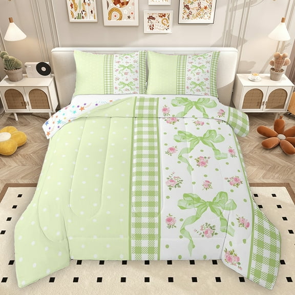 Homewish Green Princess Bow-tie Bedding Comforter Set for Kid, Romantic Rose Flwoer Twin Comforter Sets, Chic Checkered Buffalo Reversible Bedding Set, Luxury Bedroom Decor, 2 Pieces