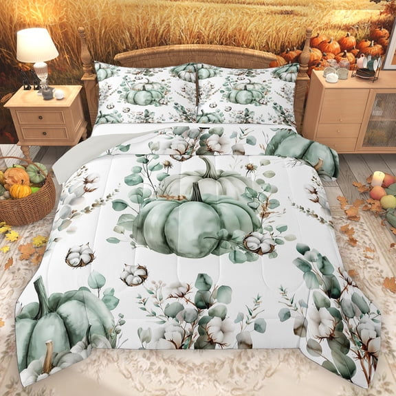 Homewish Green Pumpkin Full Size Comforter Sets 3-Piece for Adults Female Men,Chic Flowers Bedding Comforter Set,Autumn Harvest Lightweight Bedding Sets,Luxury Bedroom Decor,Reversible