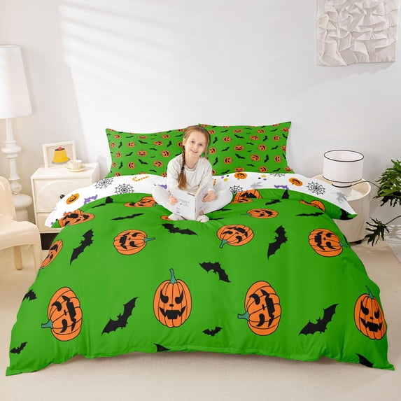 Homewish Green Pumpkin Lantern Bat Bedding for Kids, Forest Fall Duvet Cover Full, Halloween Reversible, 3pcs, 1 Duvet Cover and 2 Pillowcases