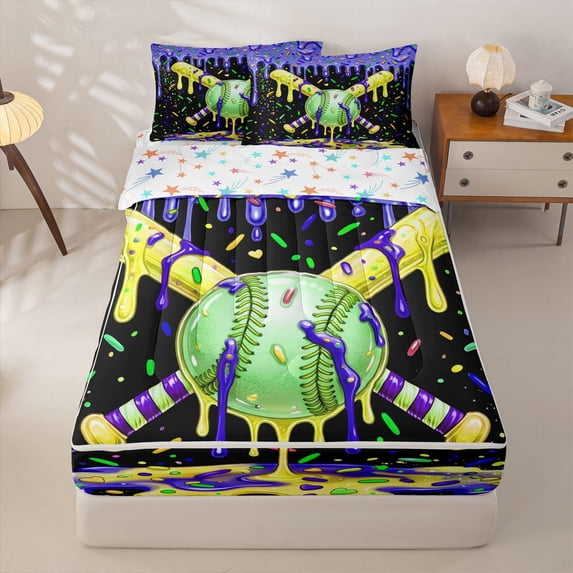 Homewish Green Purple Drippy Baseball Bat Print Zipper Twin Comforter Sets with Fitted Sheet and 2 Pillowcases,Colorful Sports Zipper Bedding Set For Kids Boys And Girls,Reversible,4-Piece