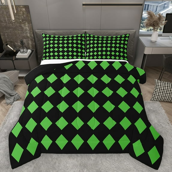 Homewish Green Rhombus Queen Comforter Set,Modern Geometric Textured Bedding Sets,Geometric Artistic Bedding Comforter Set For Boys Girl,Breathable Home Decor Reversible,3pcs