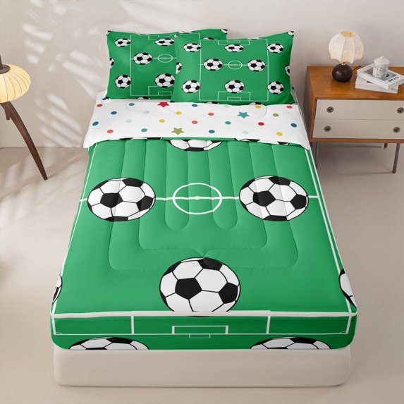 Homewish Green Soccer Court Zipper Full Size Comforter Sets with Fitted Sheet and 2 Pillowcases,Football Sport Games Zipper Bedding Set,Reversible,4 Pieces