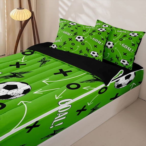 Homewish Green Soccer GOAL Zipper Twin Comforter Sets with Fitted Sheet and 2 Pillowcases, Lighnting Zipper Bedding Set for Boys and Girls, Black Reversible, 4pcs