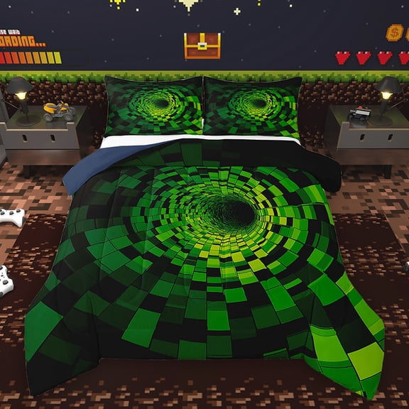 Homewish Green Square Spiral Bedding Comforter Set for Boys, Chic Abstract Artwork Twin Comforter Sets, Old Fashion Reversible Bedding Set, Ultra Soft Bedroom Decor, 2 Pieces