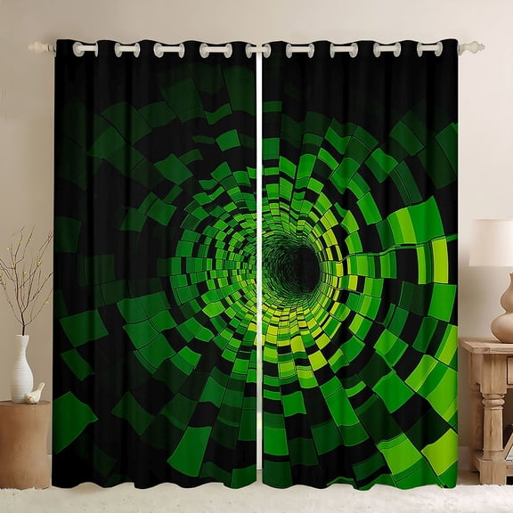 Homewish Green Square Spiral Black Out Curtains for Boys, Chic Abstract Artwork Curtains Pack of 2 (42x63 Each), Old Fashion Bedroom Curtains, Window Curtains Decor