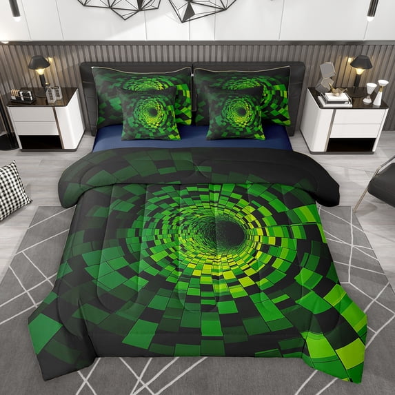 Homewish Green Square Spiral Twin Bedding Sets 7-Piece for Boys, Chic Abstract Artwork Bedding Comforter Set, Old Fashion Reversible Sheet Sets, Ultra Soft Bedroom Decor